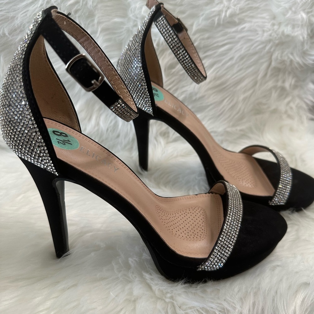 Rhinestone and Black Suede Strap Open Toe Heels